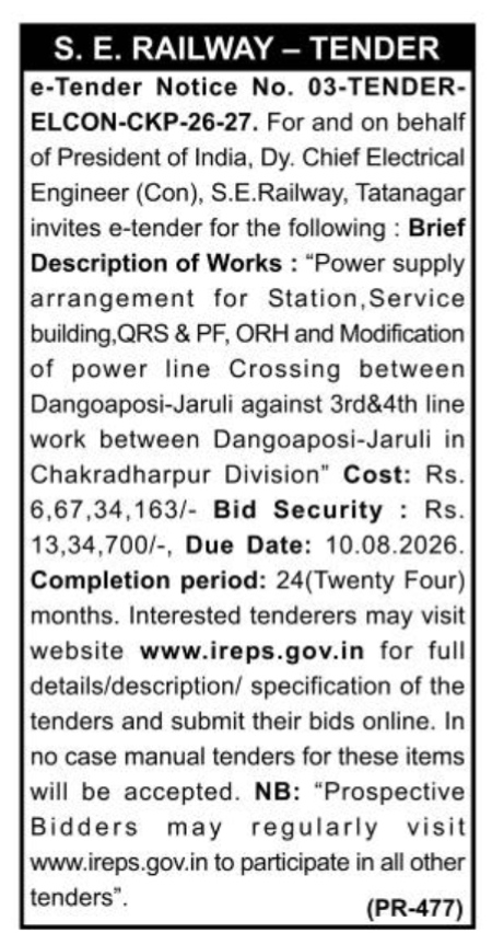 E. Railway e-Tender Notice No. 03-TENDER-ELCON-CKP-26-27