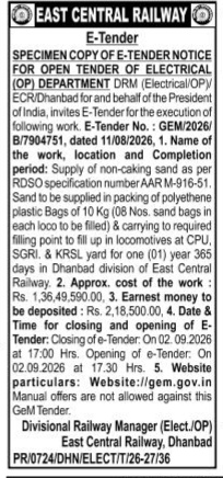 E-Tender for Supply of Non-Caking Sand (ECR Dhanbad)