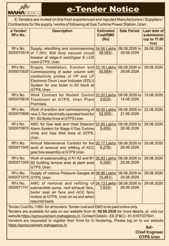 e-Tender Notice by MAHAGENCO