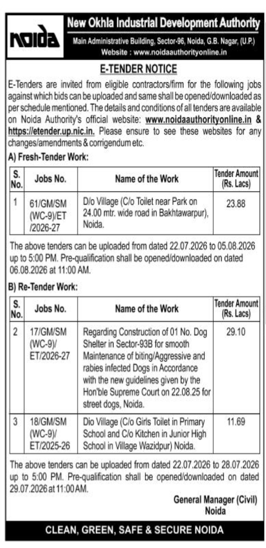E-Tender Notice by Noida Authority for Public Works Development (July 2026)