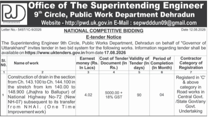 E-tender Notice: Construction of Drain on NH-72 (New NH-07) by PWD Dehradun