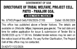 e-Tender Notice: Directorate of Tribal Welfare, Government of Goa