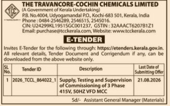 E-Tender Notice for 3-Phase VFD MCC Supply - The Travancore-Cochin Chemicals Limited