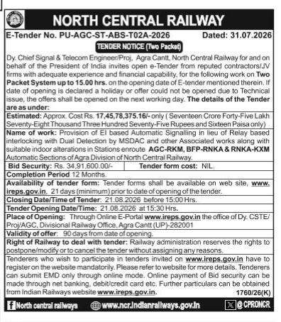 E-Tender Notice for Automatic Signalling Work in Agra Division (North Central Railway)