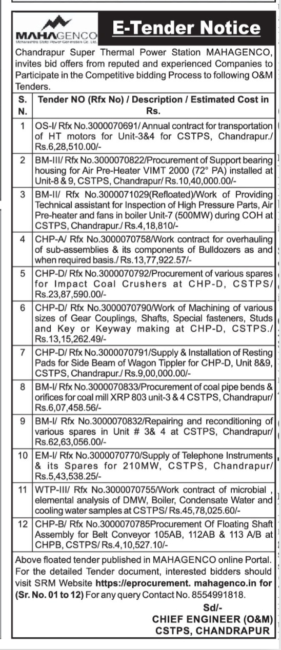 E-Tender Notice for O&M Tenders at MAHAGENCO CSTPS, Chandrapur