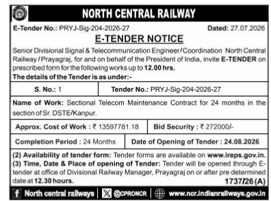 E-Tender Notice for Sectional Telecom Maintenance Contract under North Central Railway