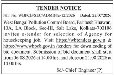 E-Tender Notice for Selection of Housekeeping Agency - WBPCB