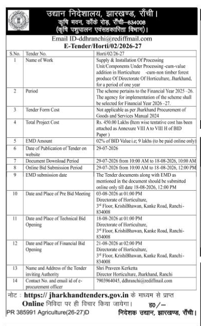 E-Tender Notice for Supply & Installation of Processing Units in Horticulture (Jharkhand, 2026–27)