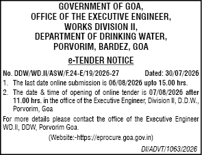 e-Tender Notice for Works Division II, Department of Drinking Water, Goa