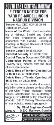 E-TENDER NOTICE FOR YARD RE-MODELLING IN NAGPUR DIVISION