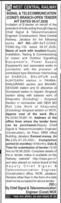 E-TENDER NOTICE FROM THE WEST CENTRAL RAILWAY FOR SIGNAL