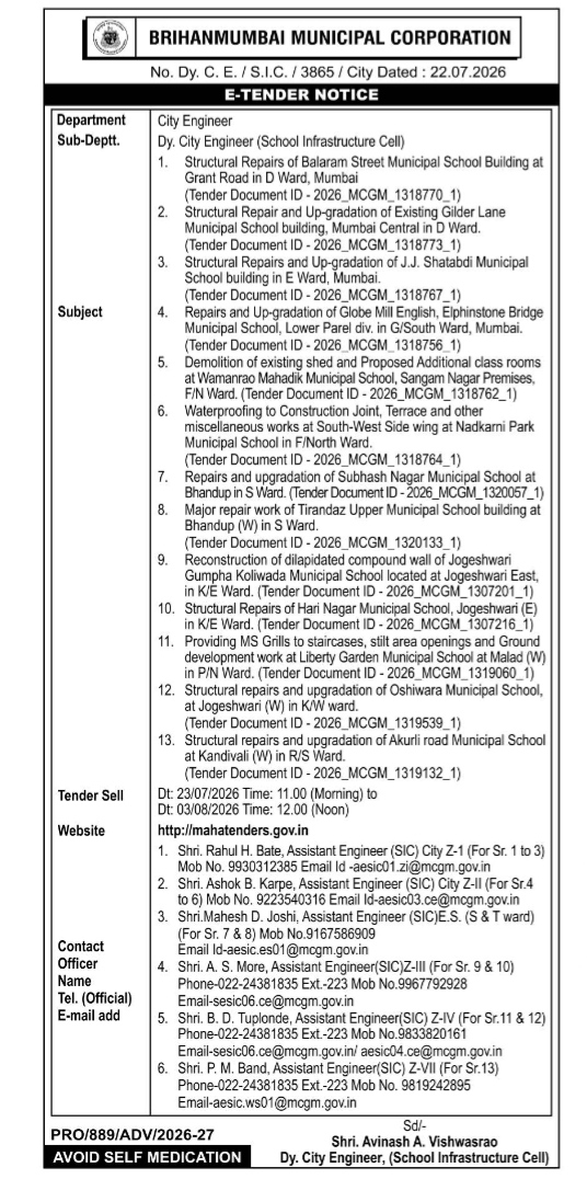 E-Tender Notice issued by the Brihanmumbai Municipal Corporation (BMC).