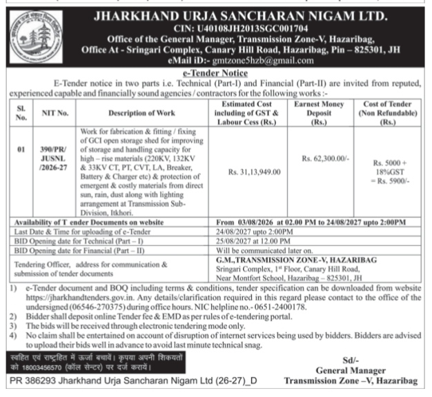 E-Tender Notice: Jharkhand Urja Sancharan Nigam Ltd. (2026-27