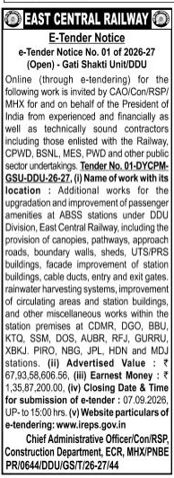 E-Tender Notice No. 01 of 2026-27 (Gati Shakti Unit / DDU) - East Central Railway