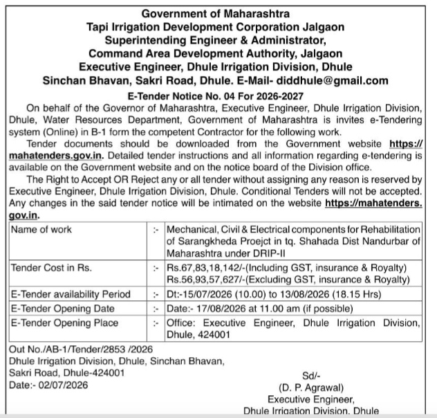 E-Tender Notice No. 04 For 2026-2027 (Dhule Irrigation Division).