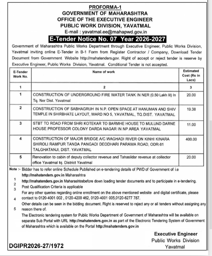 E-Tender Notice No. 07 (Year 2026-2027) - Public Works Division, Yavatmal, Government of Maharashtra