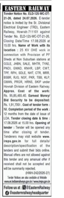 E-Tender Notice No. ELD-125-WC-OT-21-26 (Eastern Railway)