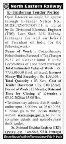 E-TENDER NOTICE OF NORTH EASTERN RAILWAY