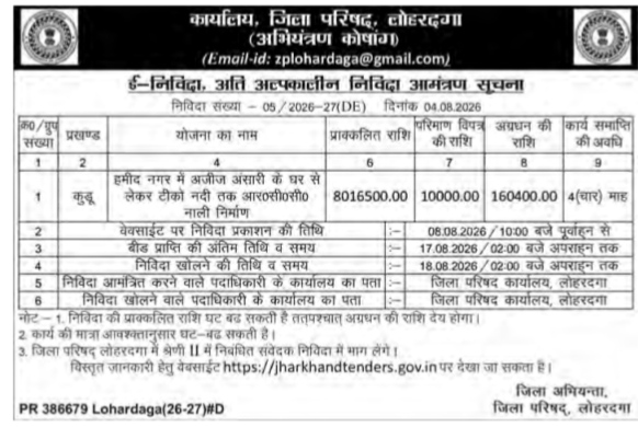 E-Tender Notice: Office of the Zila Parishad, Lohardaga