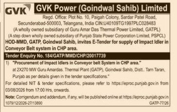 E-Tender Notice: Procurement of Impact Idlers for GVK Power (Goindwal Sahib) Limited