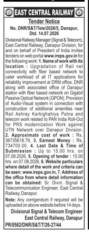 East Central Railway Danapur Division Telecom Tender Notice July 2026