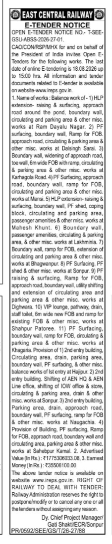 East Central Railway E-Tender Notice