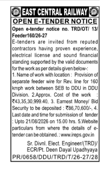 East Central Railway E-Tender Notice
