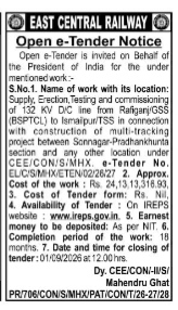 East Central Railway Open e-Tender Notice (No. EL/C/S/MHX/ETEN/02/26/27).