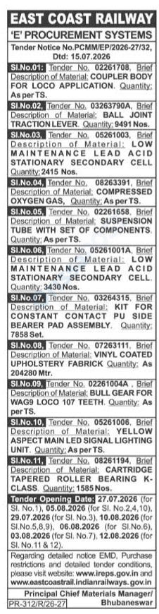 East Coast Railway 'E' Procurement Systems Tender Notice (July 2026)