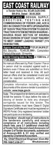 East Coast Railway e-Tender Notice for Traction System Upgradation (Bhadrak - Khurda Road)