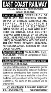 East Coast Railway e-Tender Notice (SNTCSBPOT86)