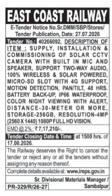 East Coast Railway Solar CCTV Camera E-Tender Notice (Tender No. 40266092)