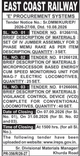 East Coast Railway Tender Notice (2026-27/08)
