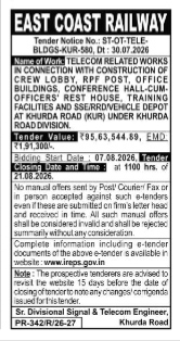 East Coast Railway Tender Notice (Khurda Road Division)