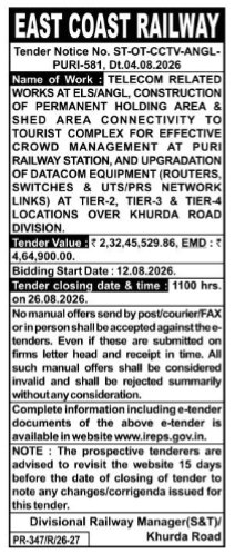 East Coast Railway Tender Notice.