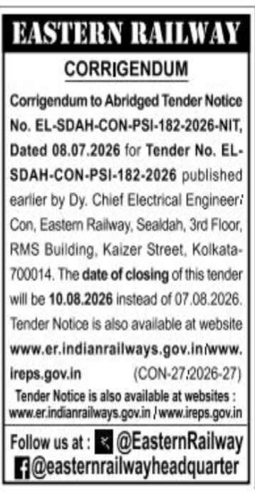Eastern Railway Corrigendum Notice (Tender No. EL-SDAH-CON-PSI-182-2026)