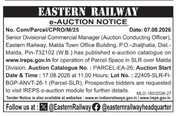 Eastern Railway e-Auction Notice for Parcel Space Over Malda Division