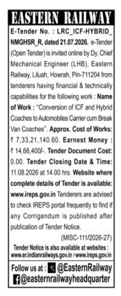 Eastern Railway E-Tender Notice for Coach Conversion (Tender No. LRC_ICF-HYBRID_NMGHSR_R)