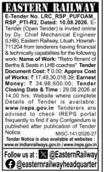 Eastern Railway E-Tender Notice for LHB Coach Seat Upgrades