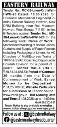 Eastern Railway E-Tender Notice: Mechanized Washing of Bedroll Linens & Curtains (Howrah Division)