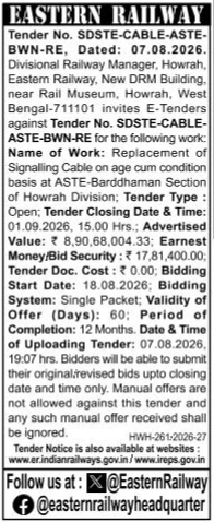 Eastern Railway E-Tender Notice: Signalling Cable Replacement (Barddhaman Section)