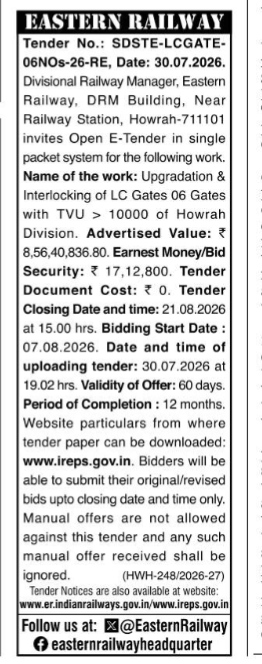 Eastern Railway Open E-Tender Notice