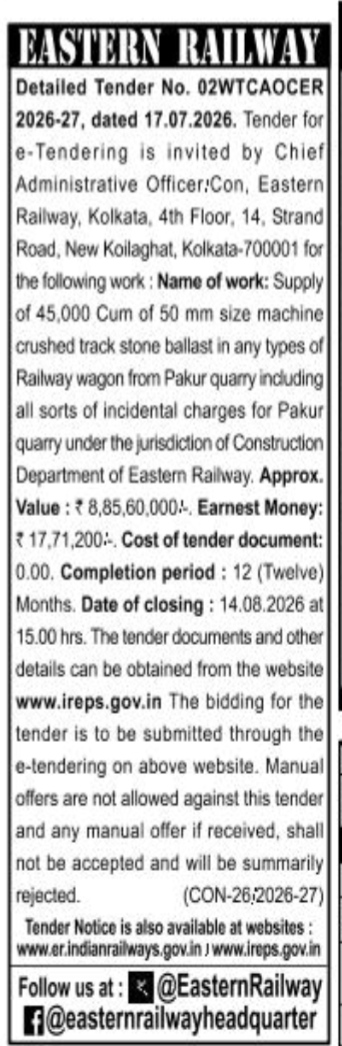 Eastern Railway Track Ballast Supply Tender 2026-27