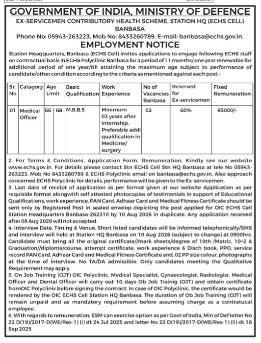 ECHS Banbasa Medical Officer Recruitment Notice 2026