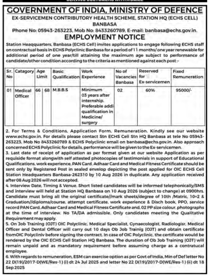 ECHS Banbasa Medical Officer Recruitment Notice 2026
