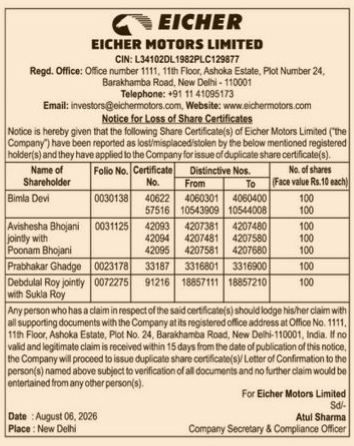 Eicher Motors Limited Public Notice for Loss of Share Certificates