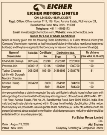 Eicher Motors Limited Public Notice for Loss of Share Certificates