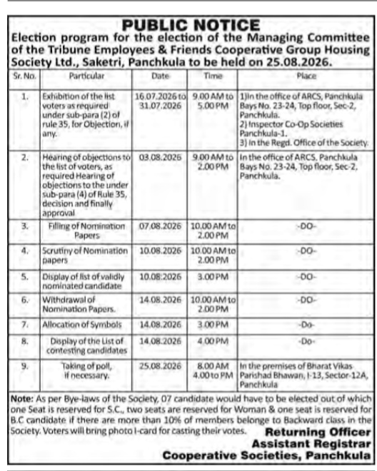Election Notice for Tribune Employees & Friends Cooperative Group Housing Society Ltd