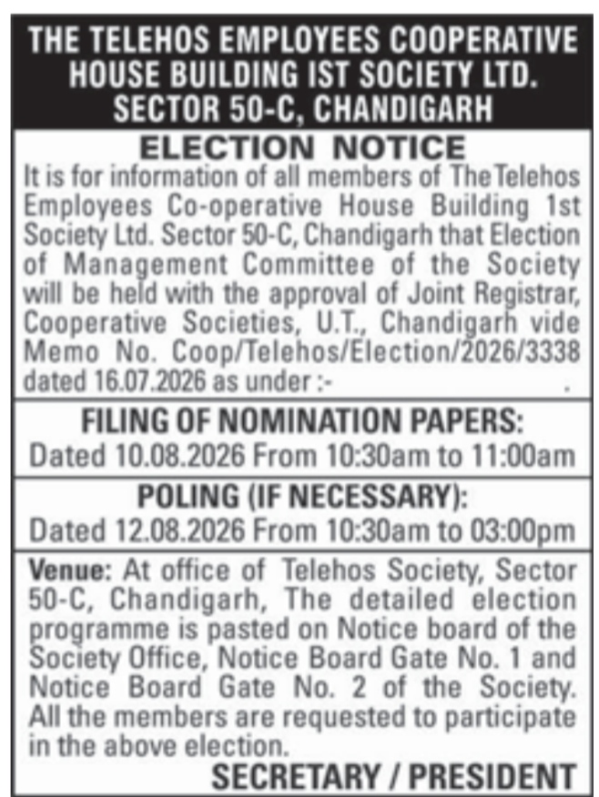 Election Notice: The Telehos Employees Co-operative House Building 1st Society Ltd.