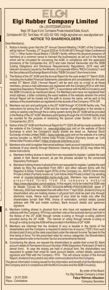Elgi Rubber Company Limited: Notice of 20th Annual General Meeting (AGM) and Shareholder Information